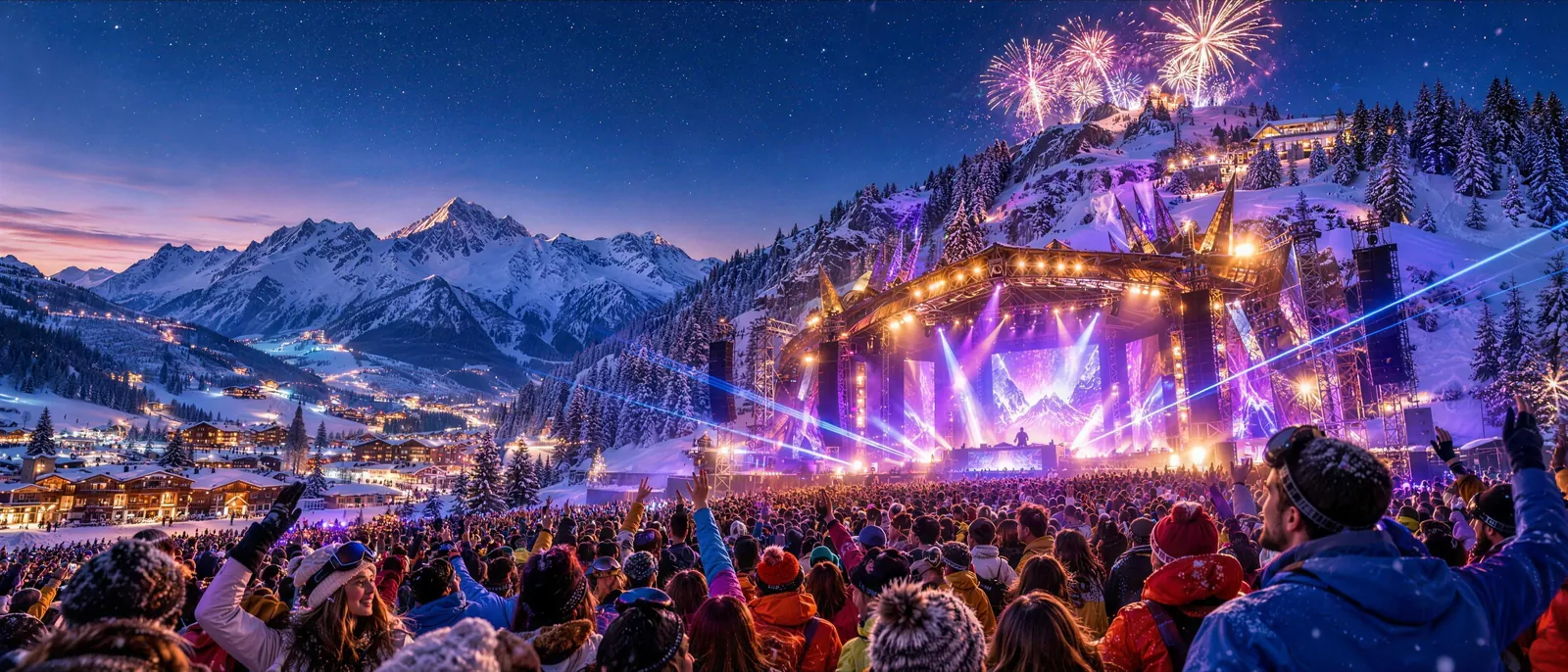 Nocny koncert w ośnieżonych Alpach: scena w światłach i fajerwerkach, tłum w kurtkach narciarskich