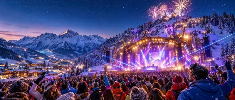 Ilustracja: nocny festiwal w Alpach, scena pod ośnieżonymi szczytami i fajerwerki nad tłumem