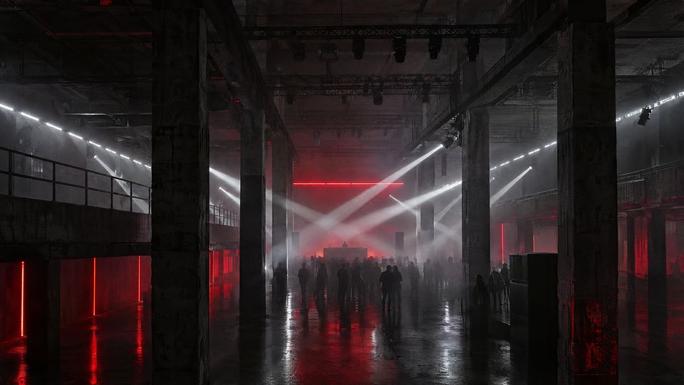 Industrialny klub techno w dawnej hali fabrycznej: betonowe filary, białe stroboskopy i czerwone światło